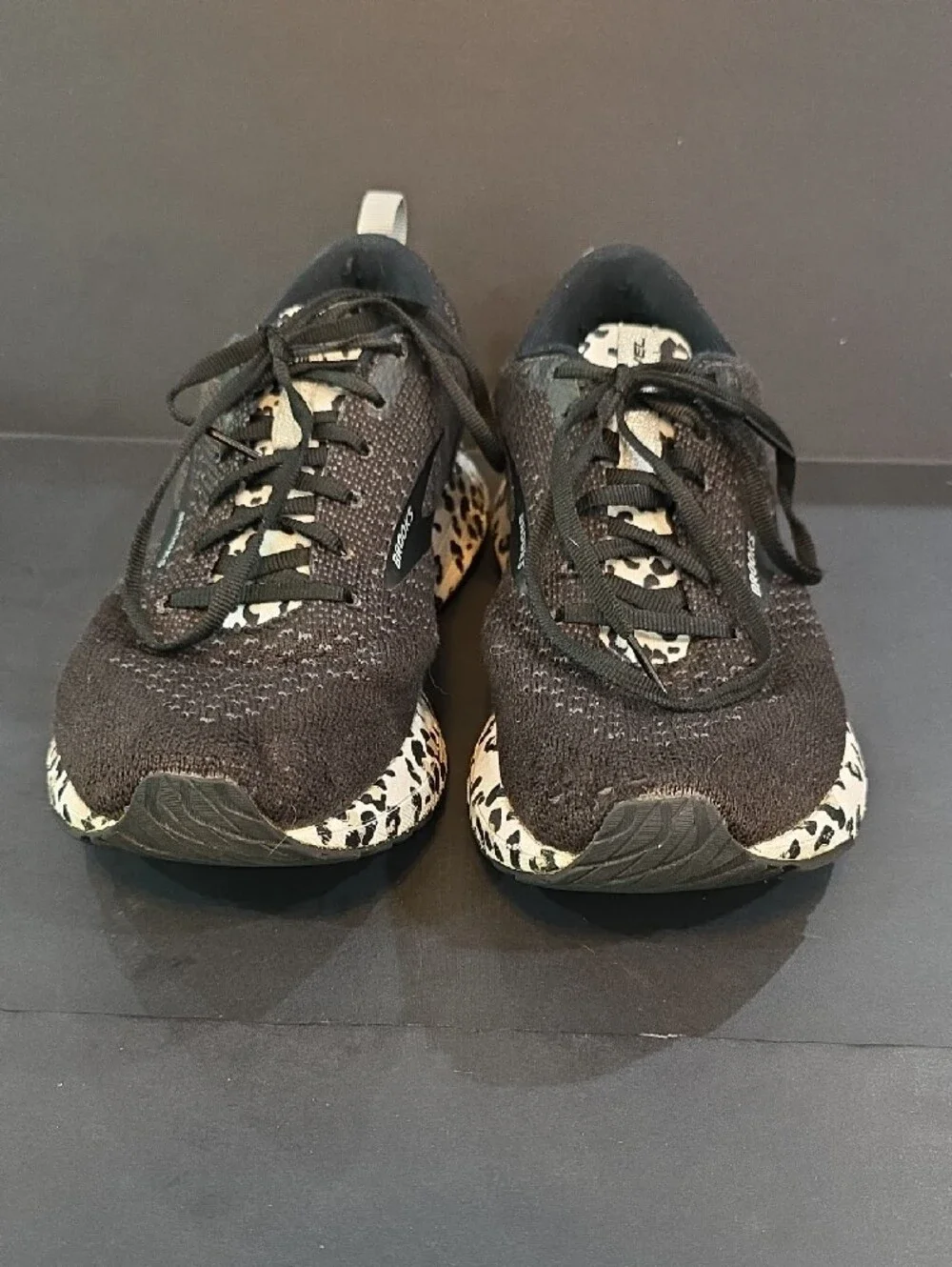 Brooks Revel 4 Women's Black Knit Shoes with Leopard-Print Midsole Size 8.5